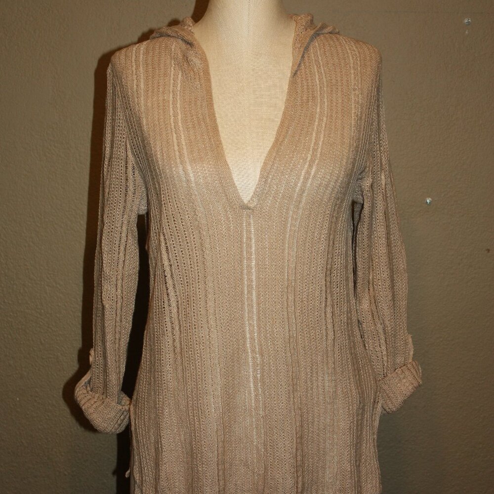 J.CREW V NECK KNITTED LINEN HOODED SWEATER ROLL-TAB SLEEVES - MEDIUM 4 6